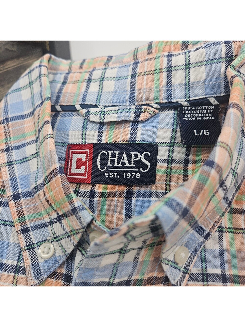 Chaps Plaid Button Front Shirt Men's Blue Peach Green 100% Cotton Casual Large